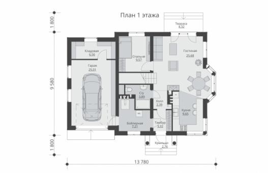 Одноэтажный дом с мансардой, гаражом, террасой и балконами